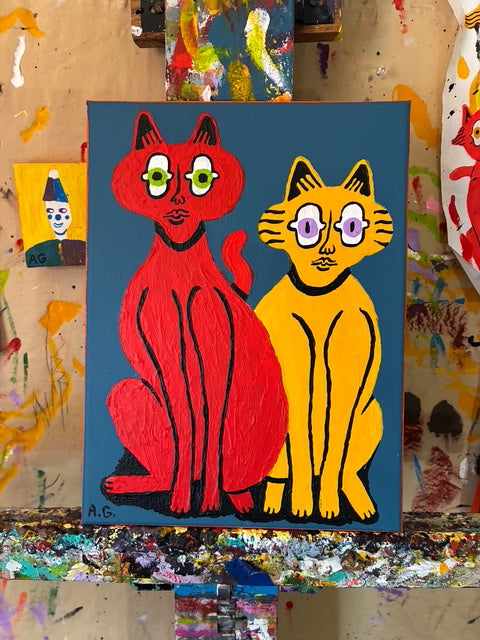 Cat painting - Red & yellow on blue
