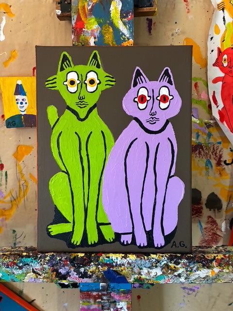 Cat painting - Green and purple on brown
