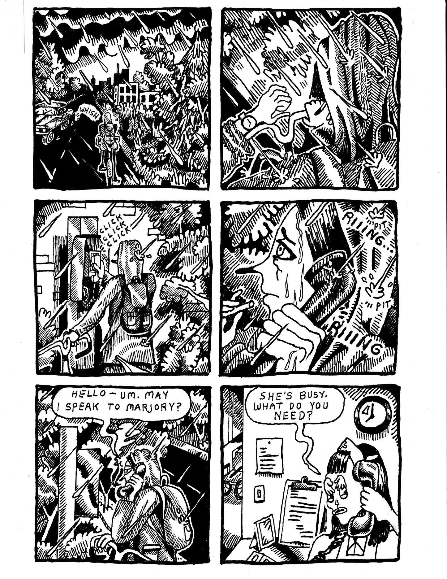 Dandelion rides her bike to work in the rain (pg 128)