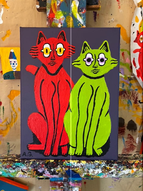 Cat painting - Red and green on purple