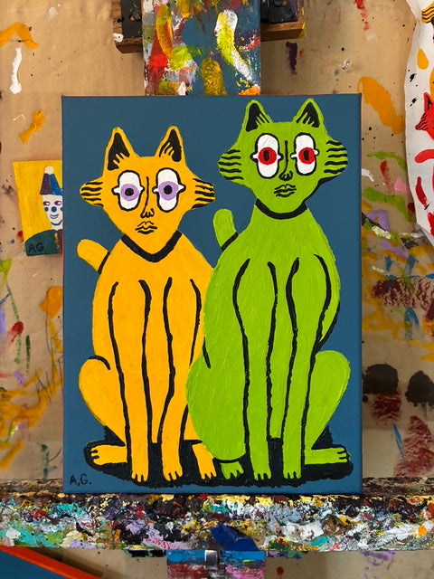 Cat painting - Yellow and green on blue