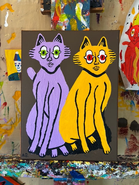 Cat painting - Purple and yellow on brown