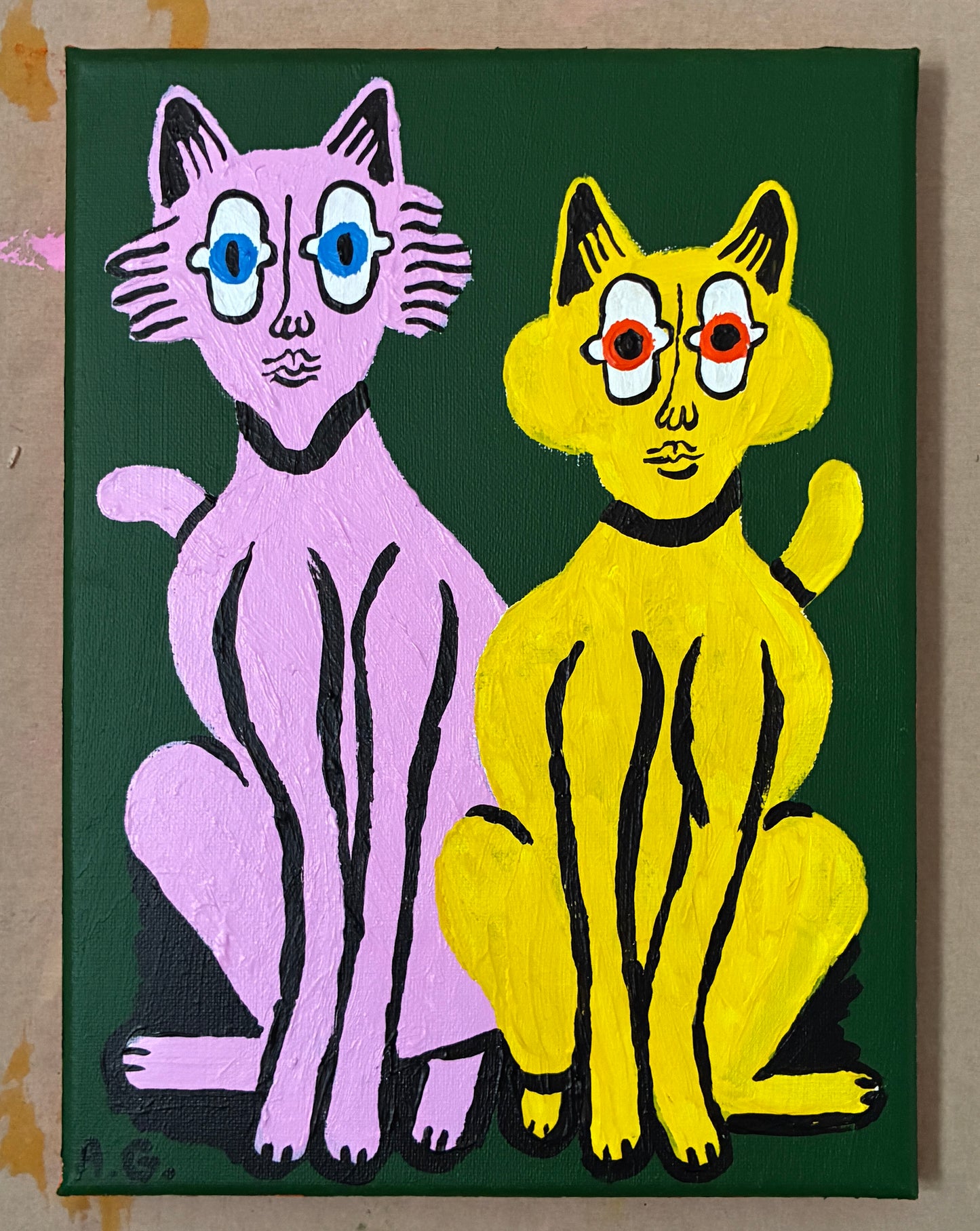 Cat painting - Pink and yellow on green