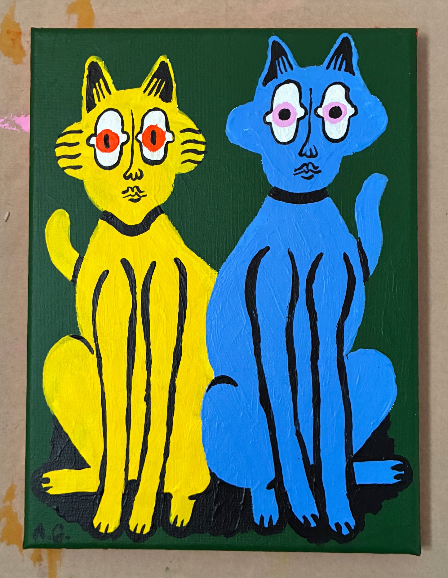 Cat painting - Yellow and blue on green