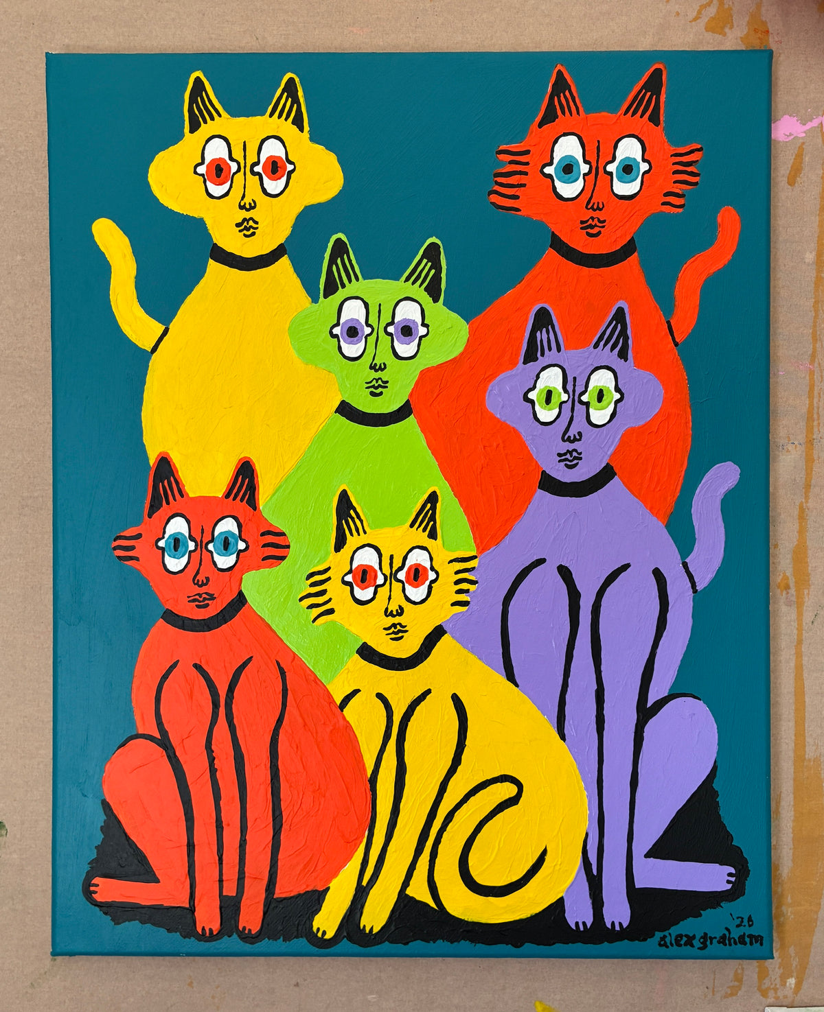 6 cats on blue (#2)