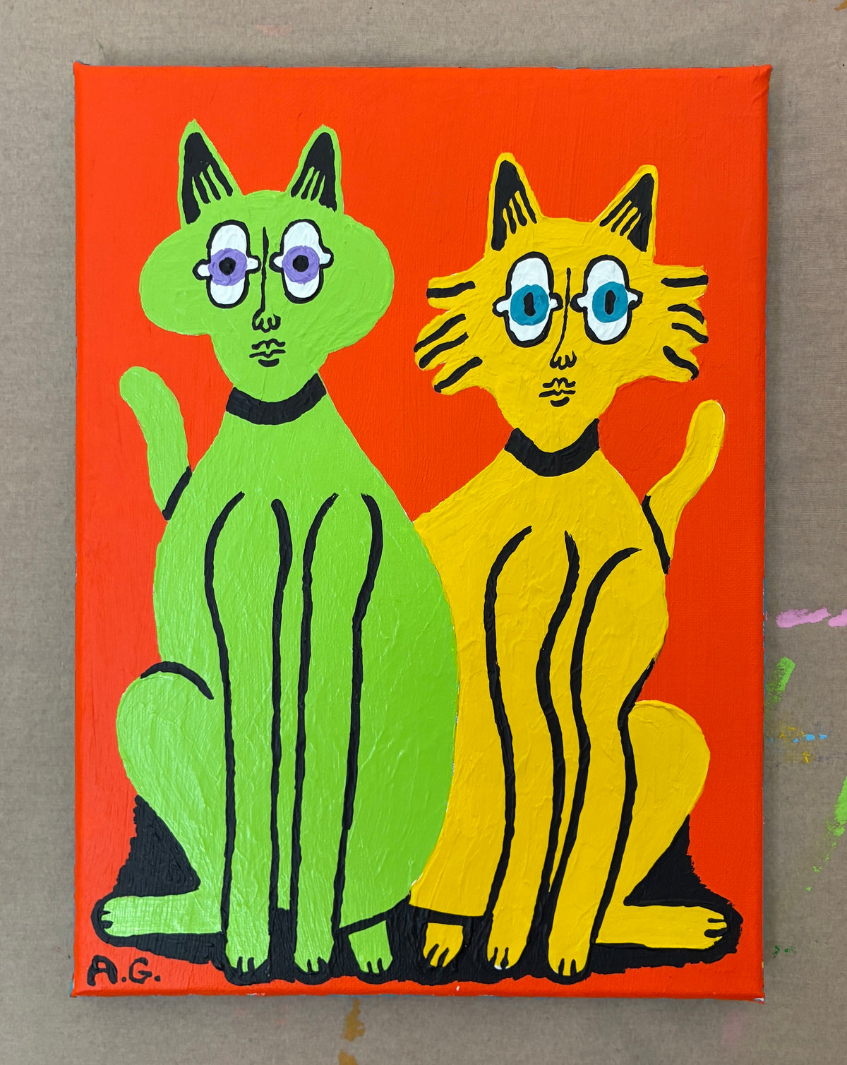 Cat painting - Green and yellow on orange