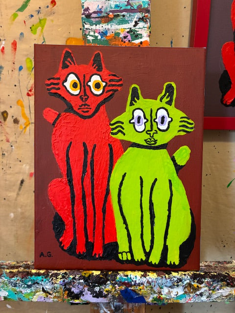 Cat painting - Red & Green