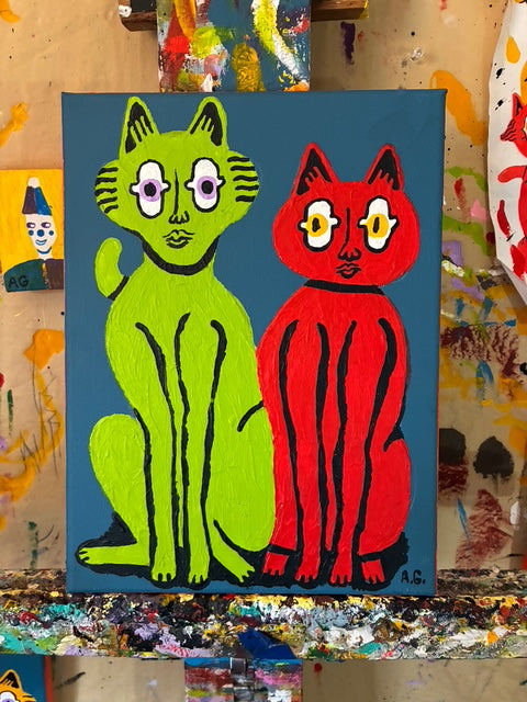 Cat painting -  Green and red on blue