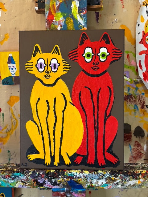 Cat painting -  Yellow and red on brown