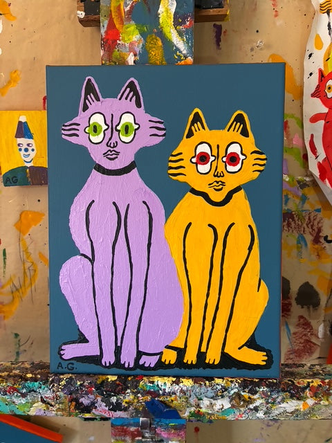 Cat painting -  Purple and yellow on blue