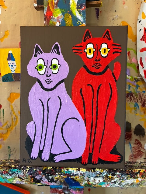 Cat painting -  Purple and red on brown