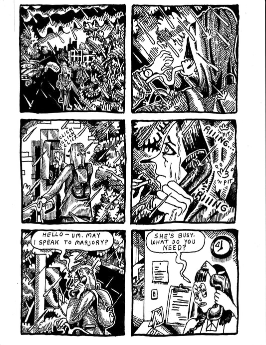 Dandelion rides her bike to work in the rain (pg 128)