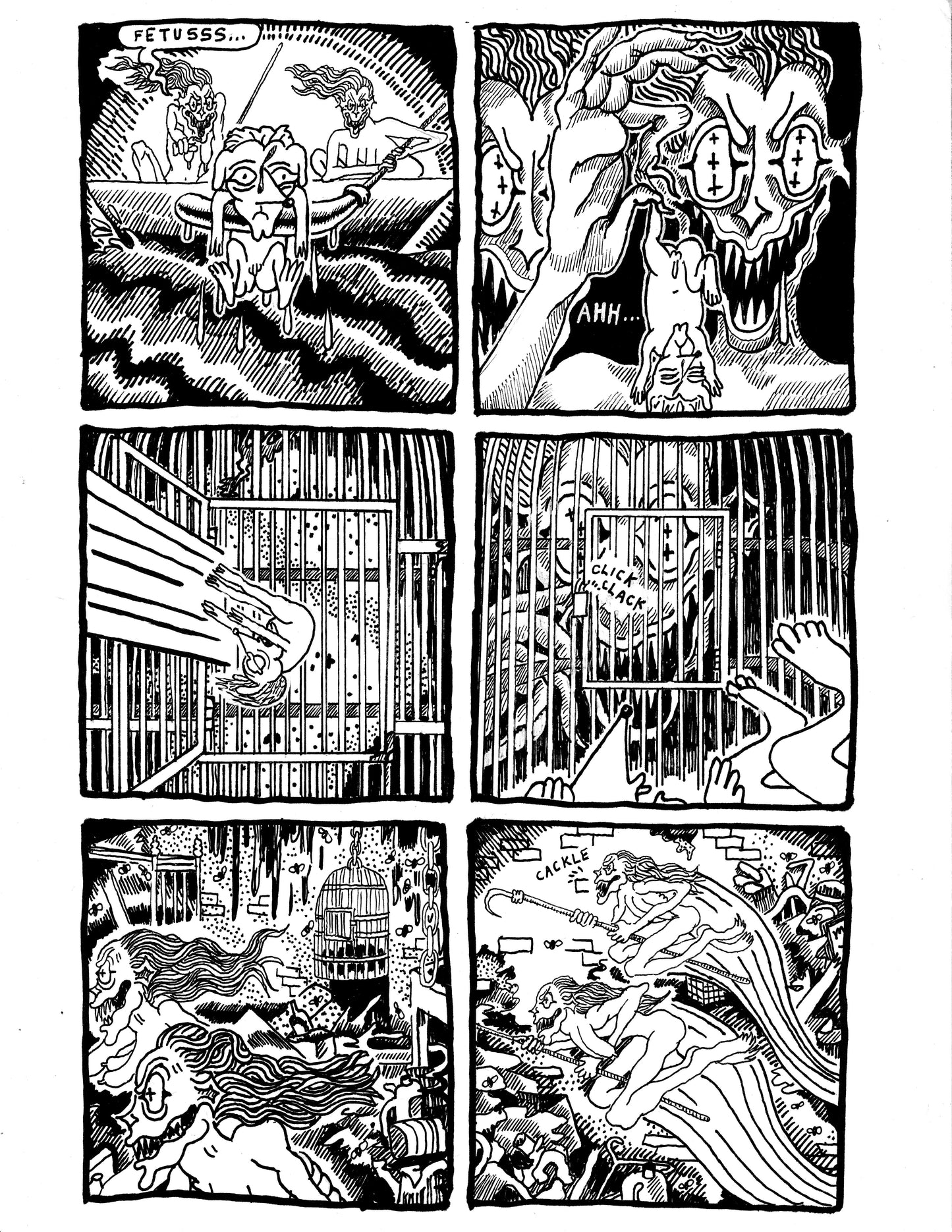 Fetus Robert is thrown into a cage by a witch (pg 31)