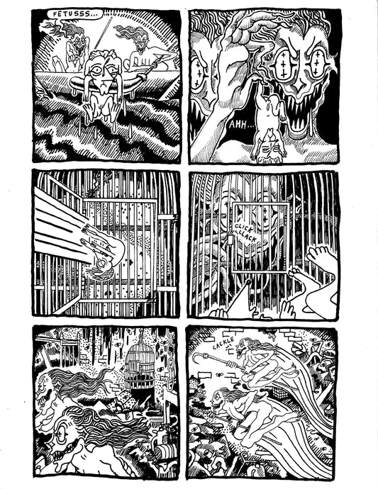 Fetus Robert is thrown into a cage by a witch (pg 31)