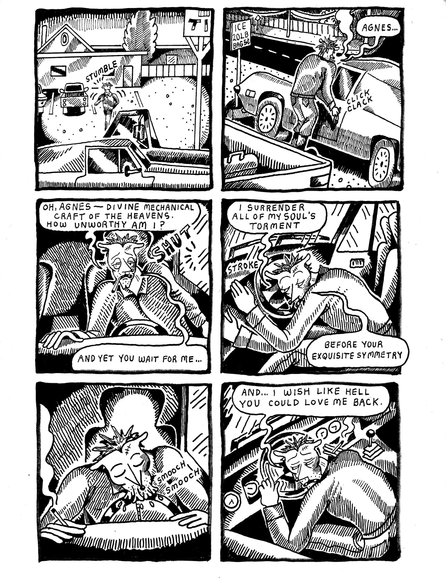 [DG] Robert kisses the steering wheel of his car, Agnes (pg 155)