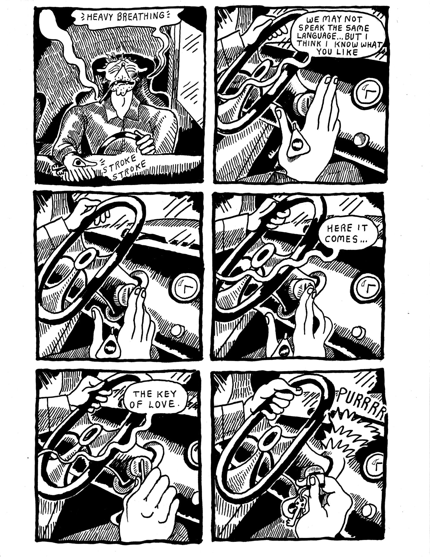 [DG] Robert sensually inserts the key into the ignition of his car (pg169)