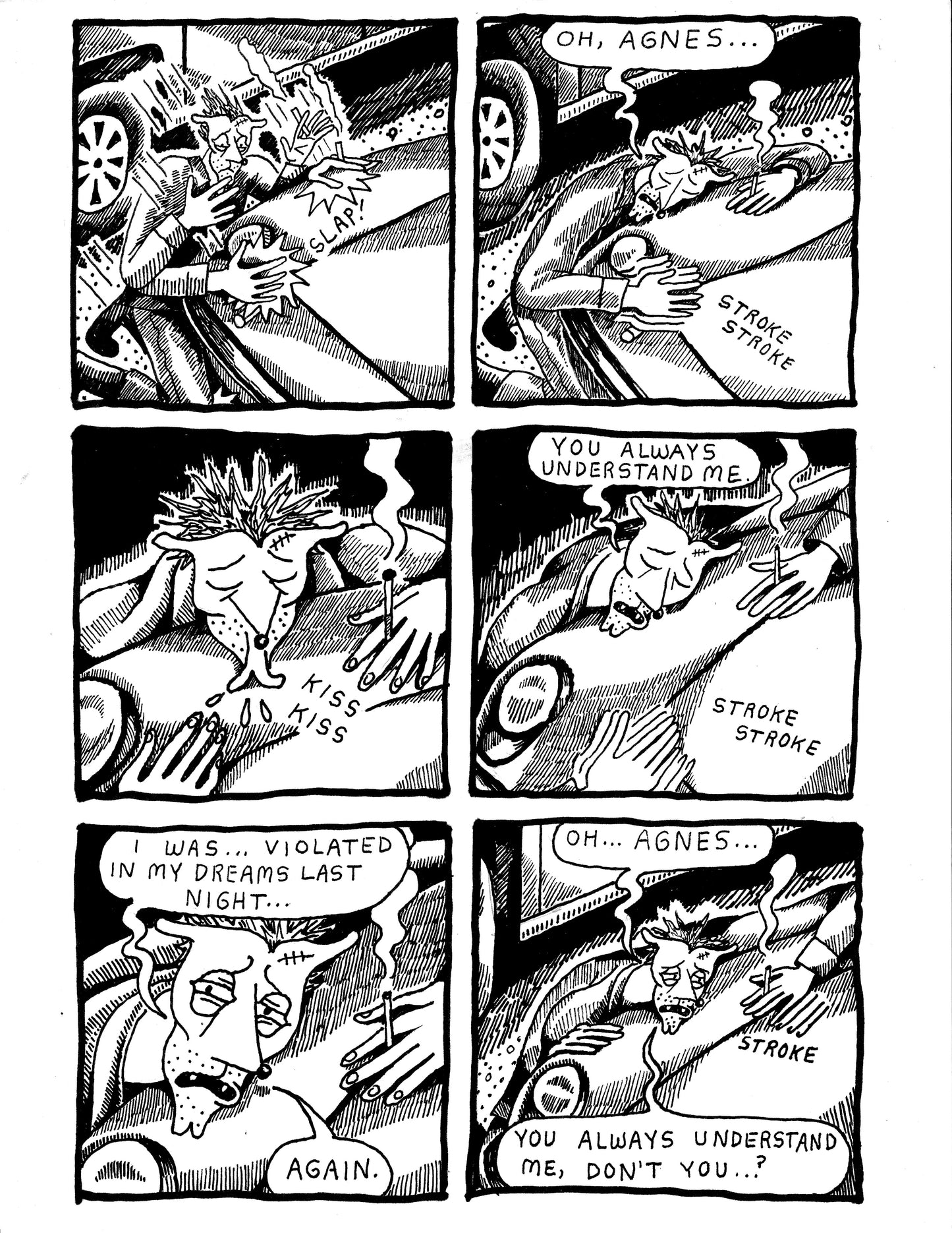 [DG] Robert strokes and kisses the hood of his car (pg155)