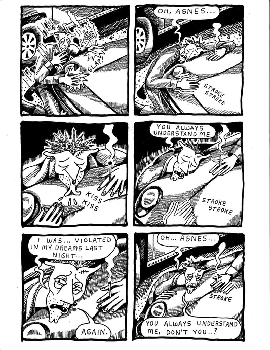 [DG] Robert strokes and kisses the hood of his car (pg155)