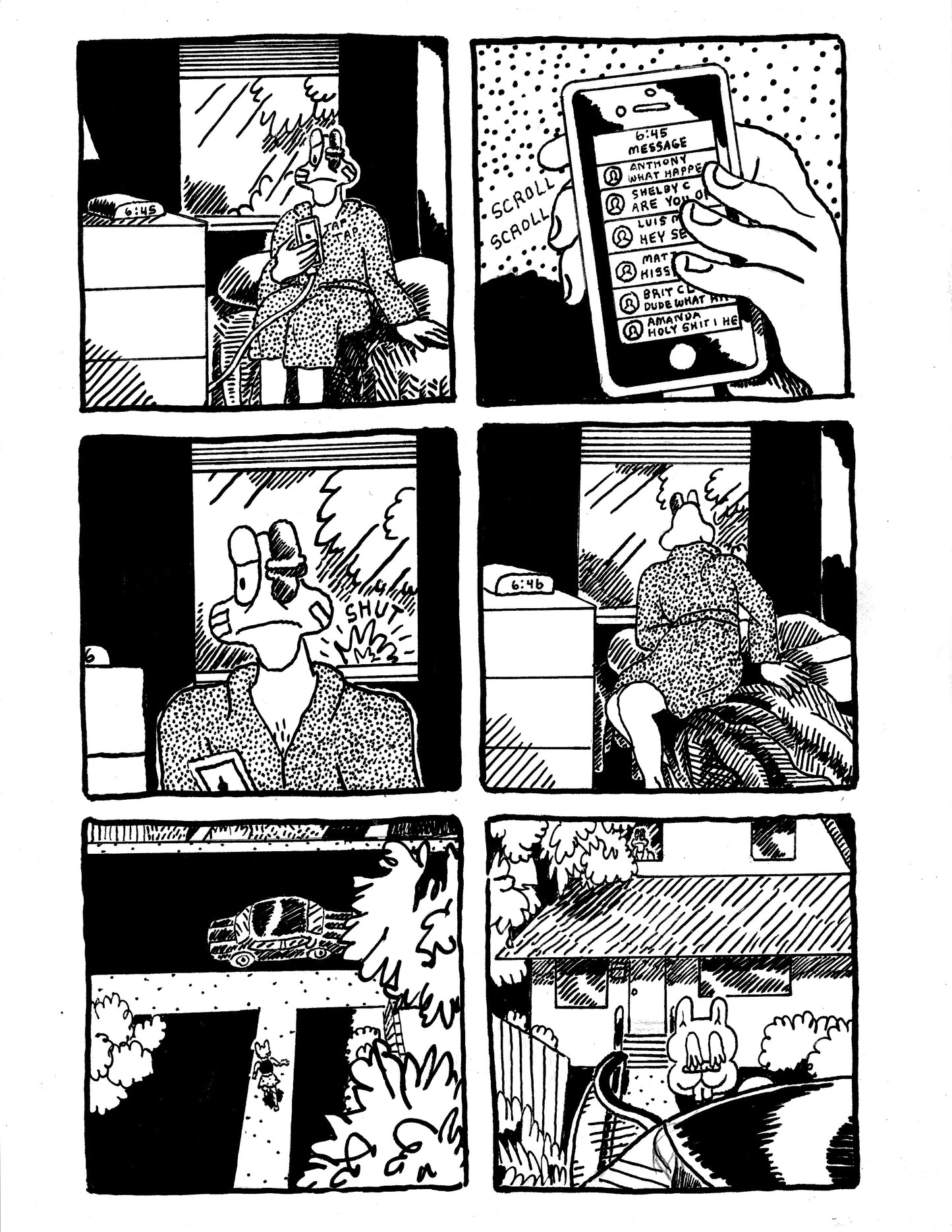 [DB] Hissy anxiously looks at his phone & sees Rosie get into Gussy's car(pg143)