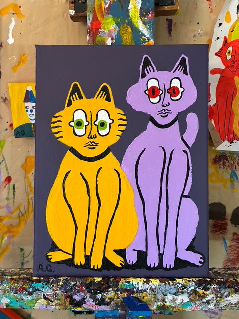 Cat painting -  Yellow purple on purple