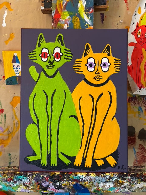 Cat painting -  Green and yellow on purple