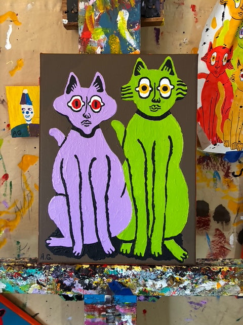 Cat painting -  Purple and green on brown