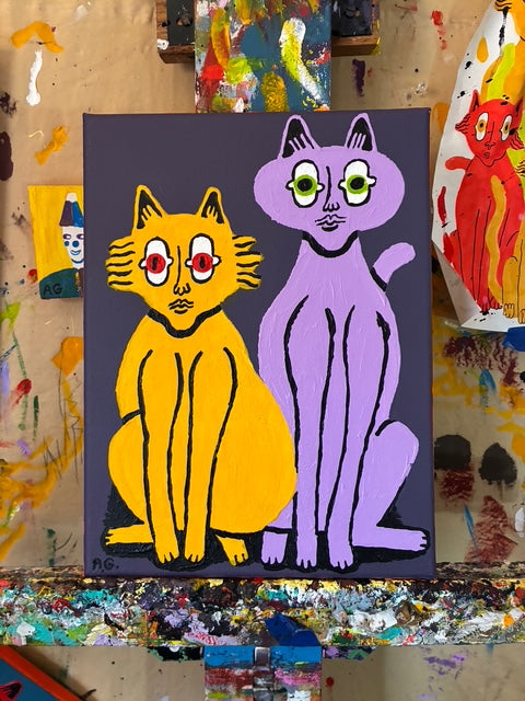 Cat painting -  Yellow and purple on purple