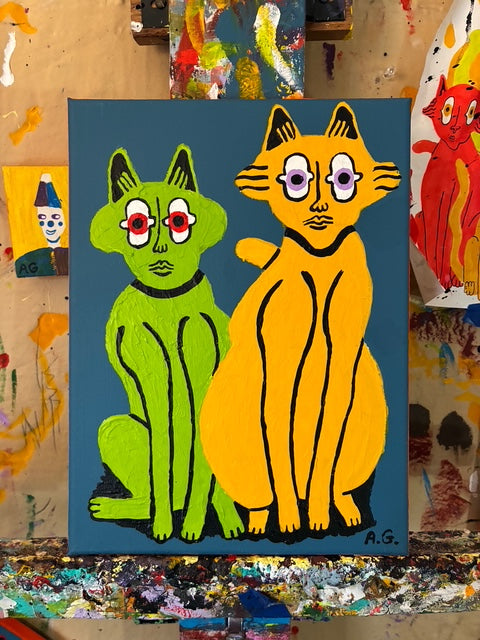 Cat painting -  Green and yellow on blue