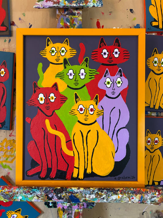 6 cats on purple. Framed