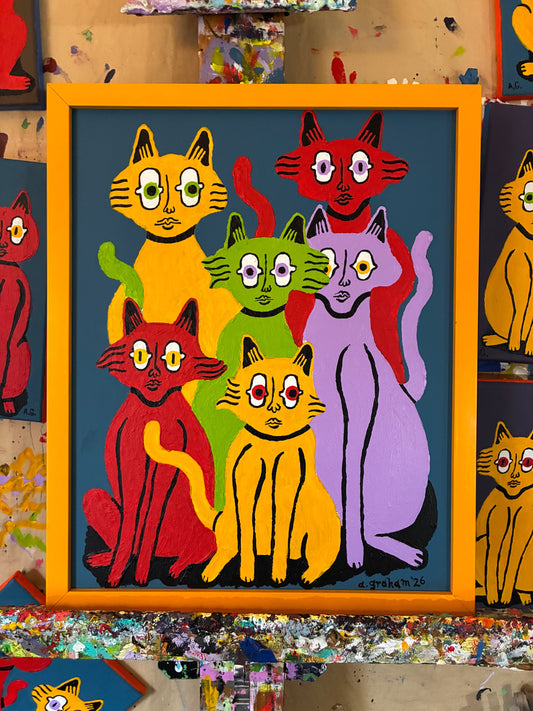 6 cats on blue. Framed