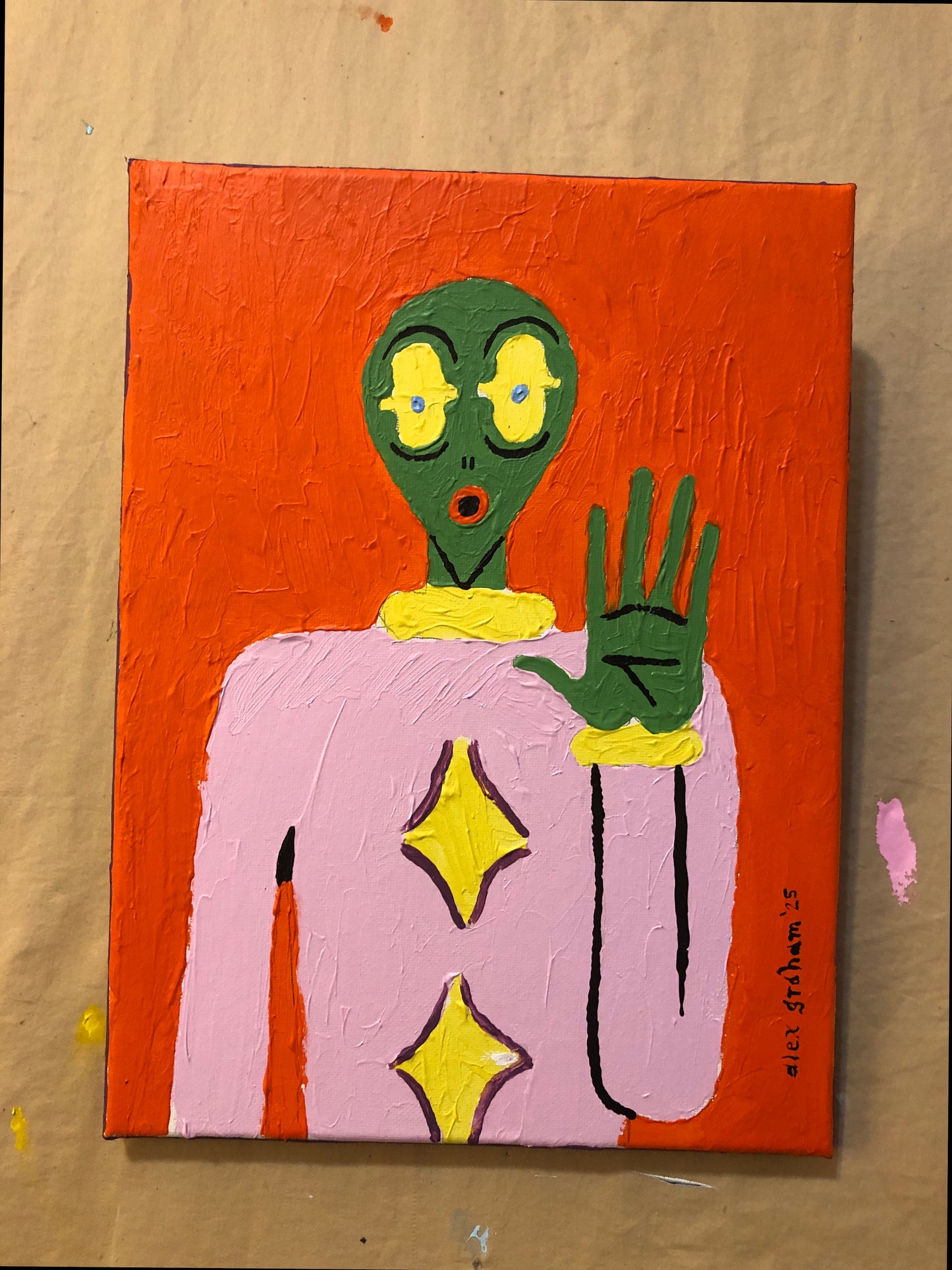 9x12" alien painting (green alien on orange)