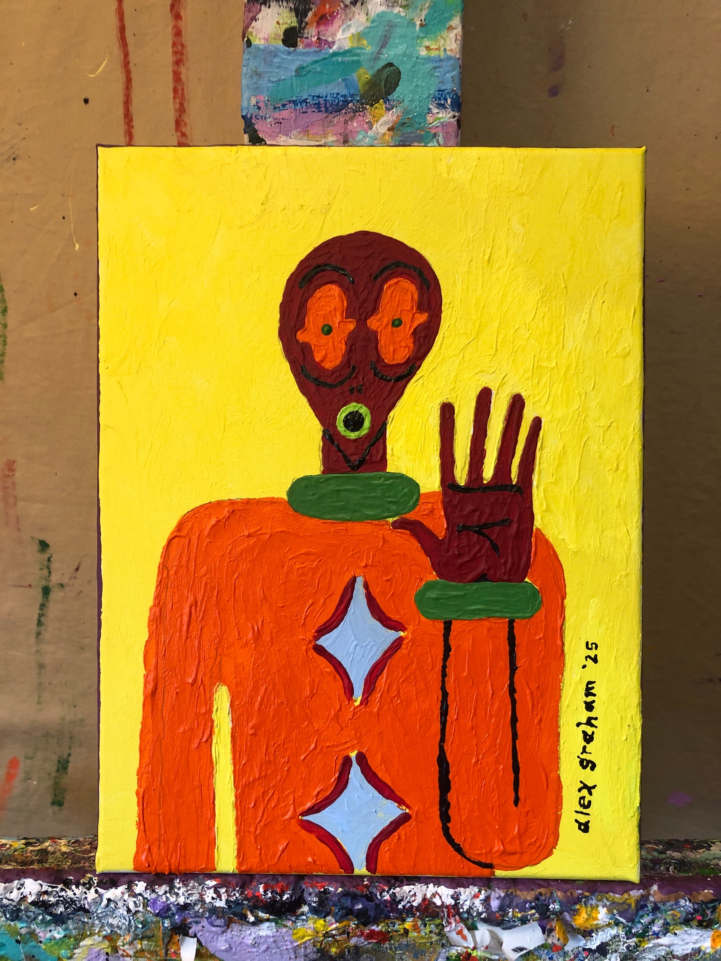 9x12" alien painting (red alien on yellow)