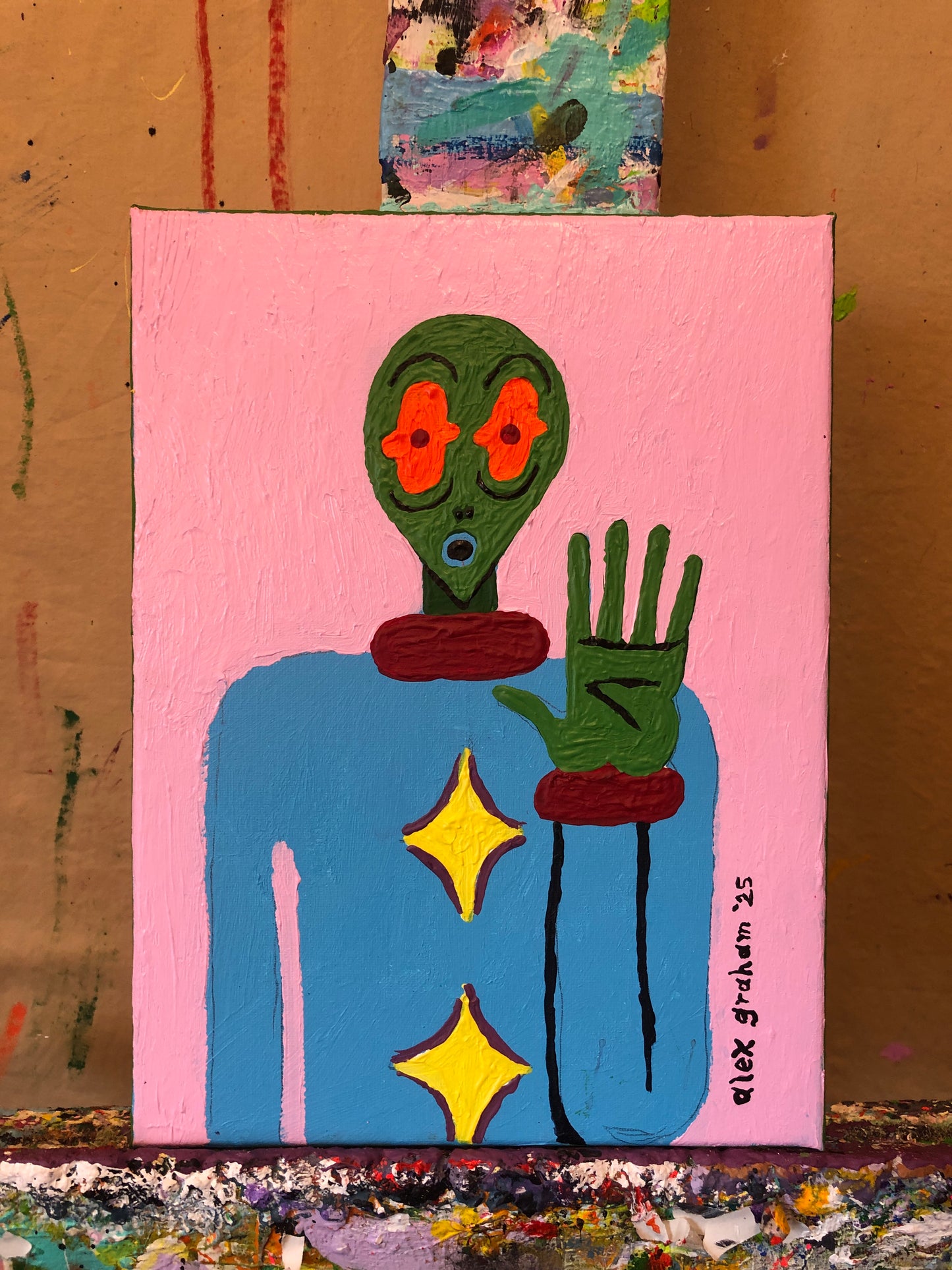 9x12" alien painting (green alien on pink)