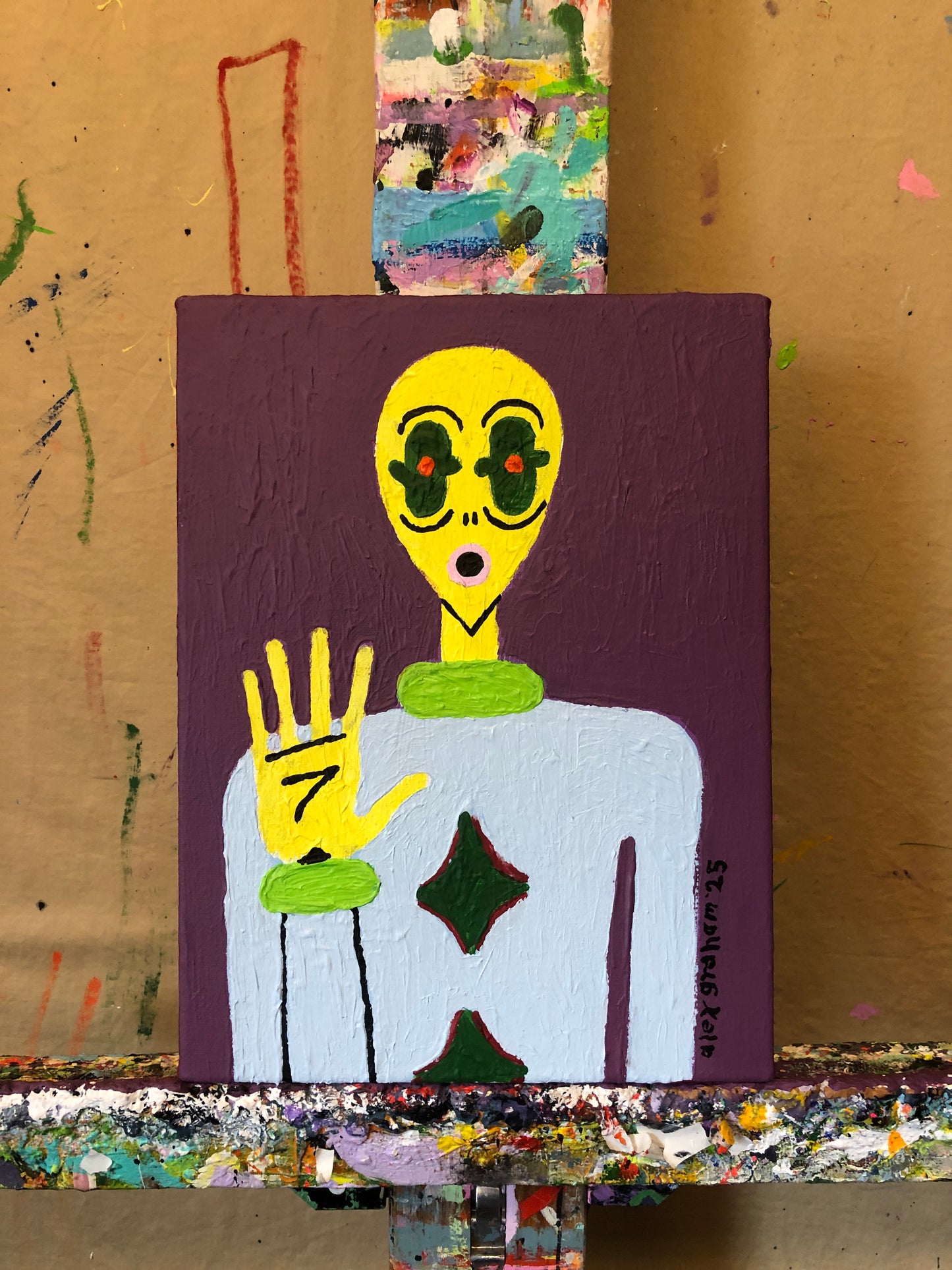 9x12" alien painting (yellow alien on purple)