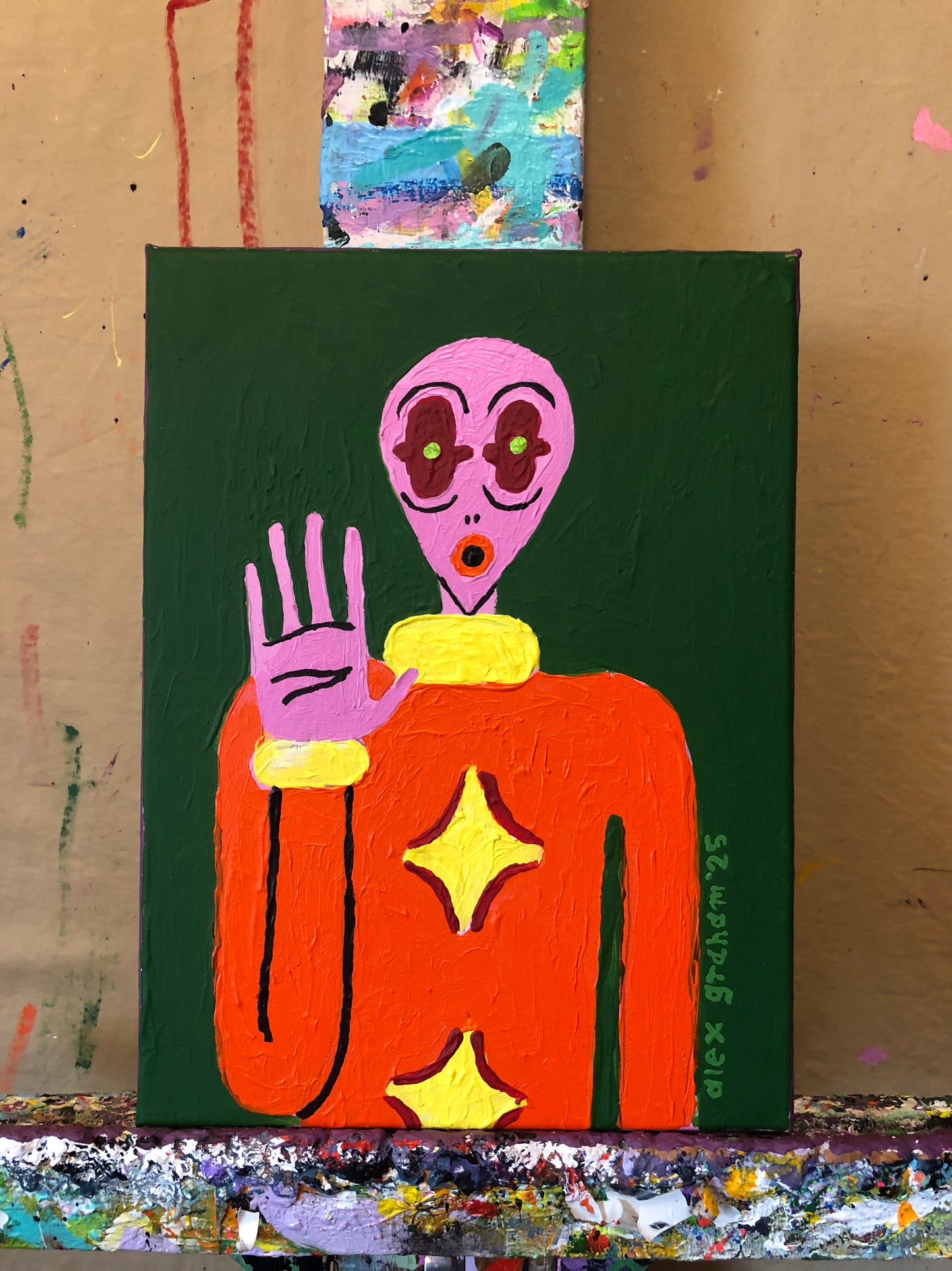 9x12" alien painting (pink alien on green)