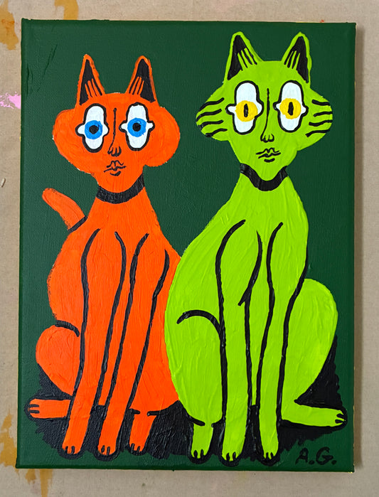 Cat painting -  Red and green on green