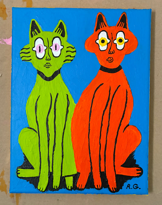 Cat painting -  Green and red on blue