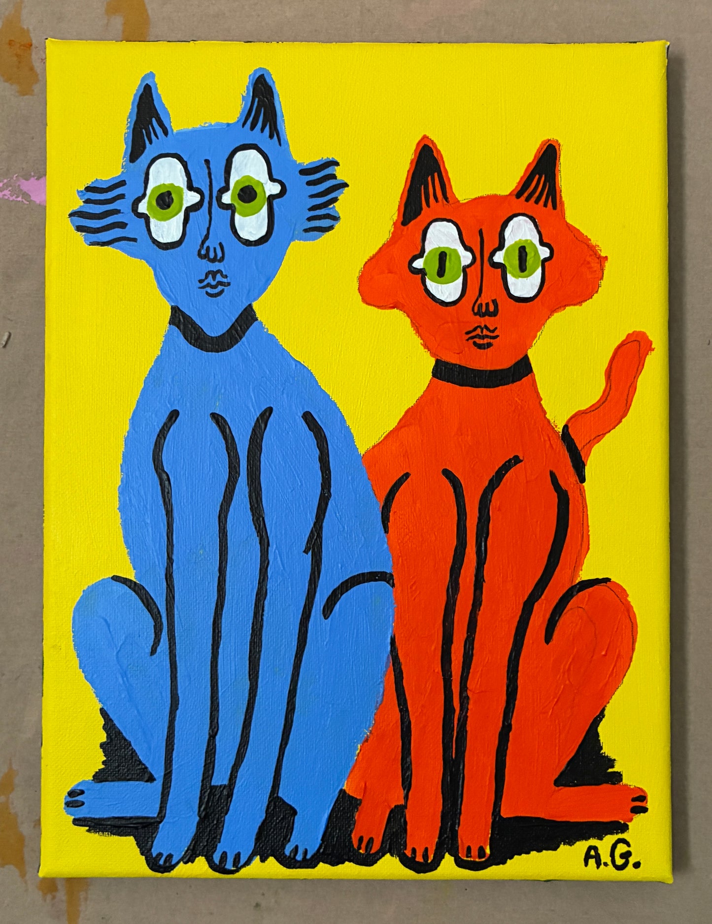 Cat painting -  Blue and red on yellow