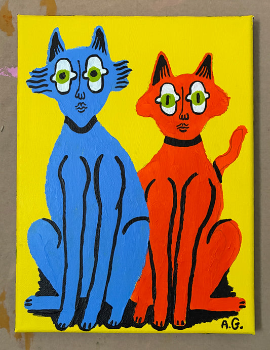 Cat painting -  Blue and red on yellow