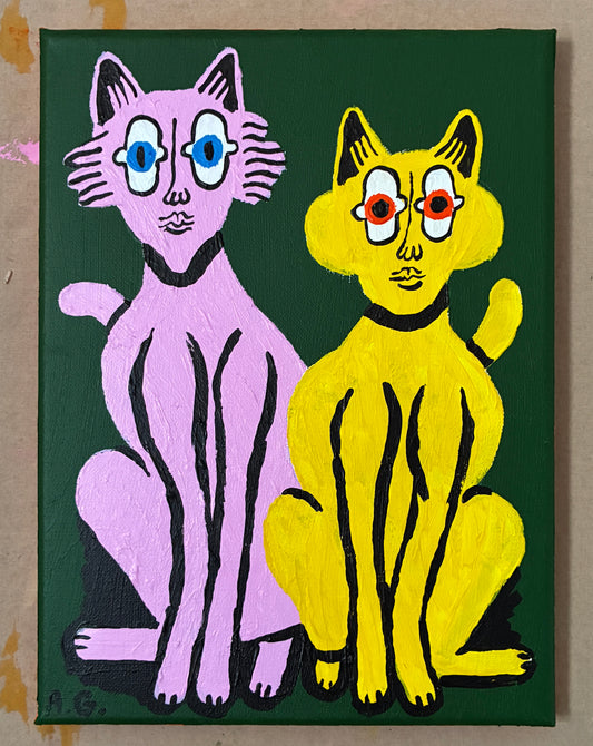 Cat painting -  Pink and yellow on green