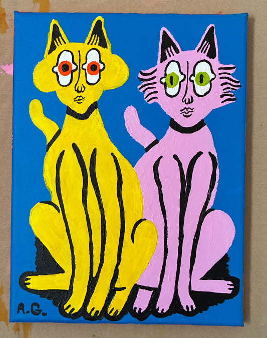 Cat painting -  Yellow and pink on blue