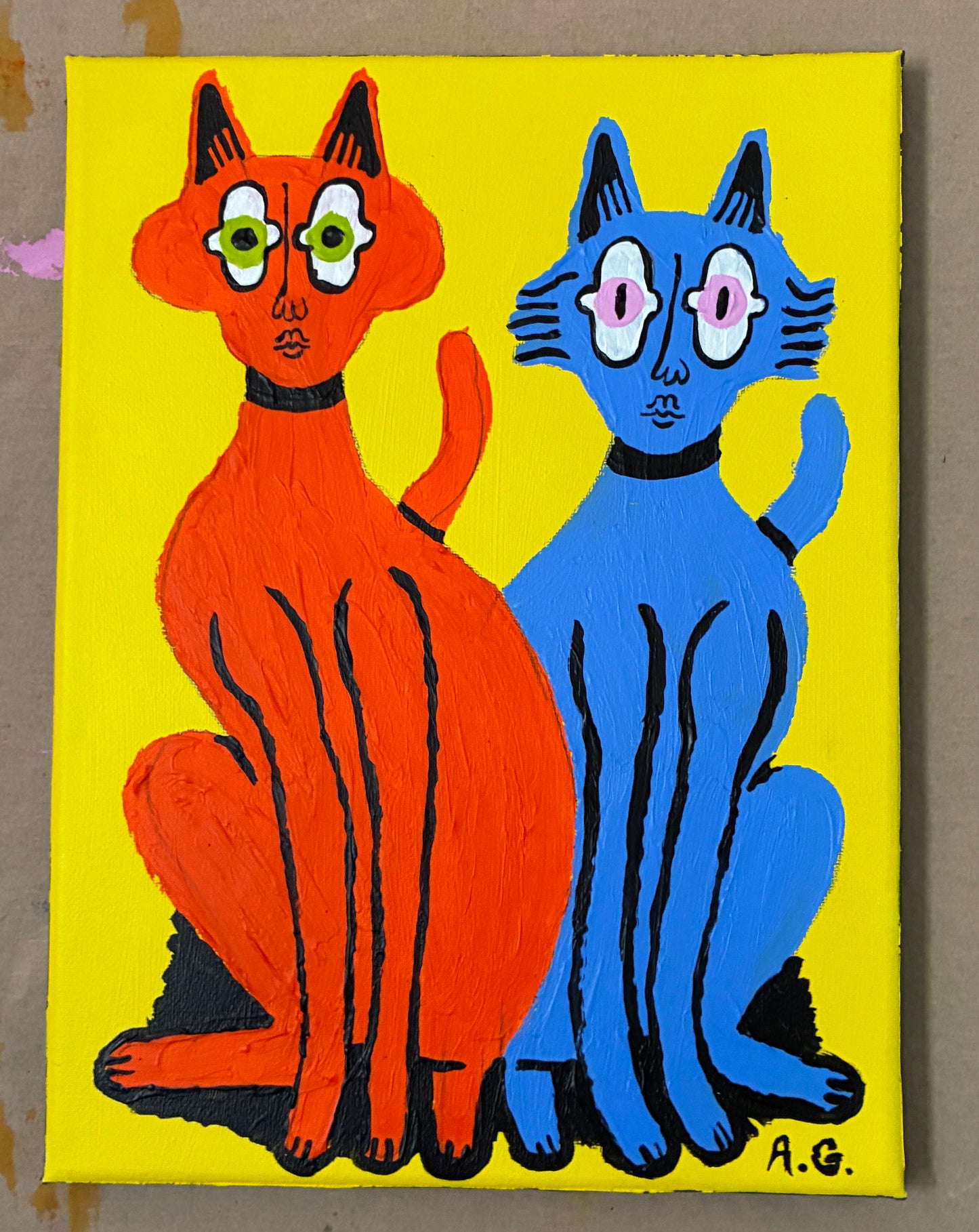 Cat painting -  Red and blue on yellow