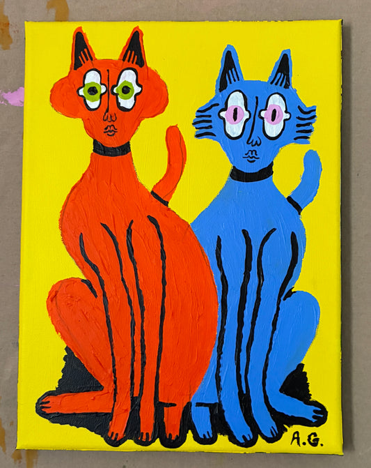 Cat painting -  Red and blue on yellow