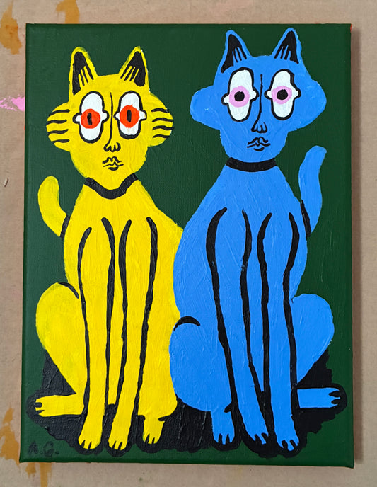 Cat painting -  Yellow and blue on green