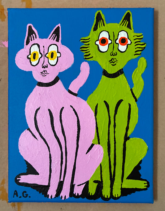 Cat painting -  Pink and green on blue