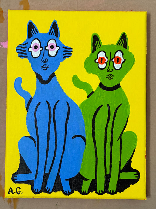 Cat painting -  Blue and green on yellow