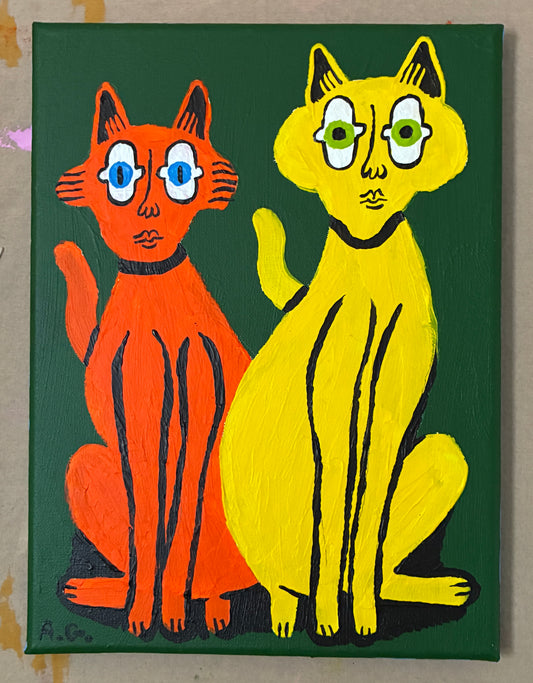 Cat painting -  Red and yellow on green