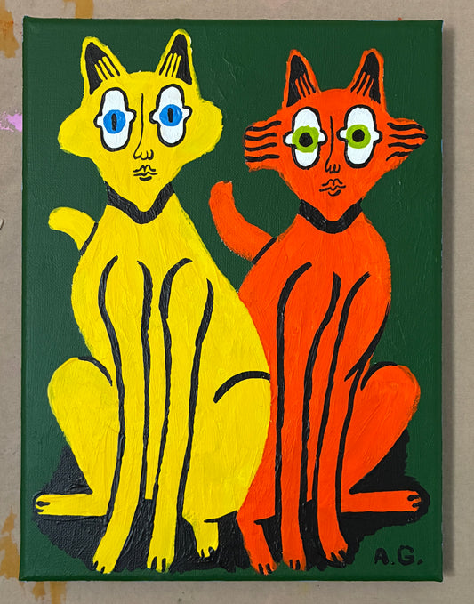 Cat painting -  Yellow and red on green