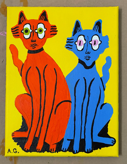 Cat painting -  Red and blue on yellow