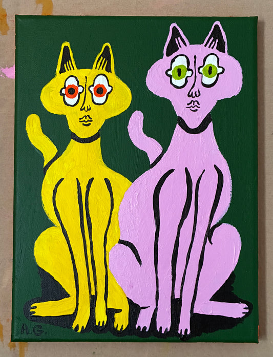 Cat painting -  Yellow and pink on green